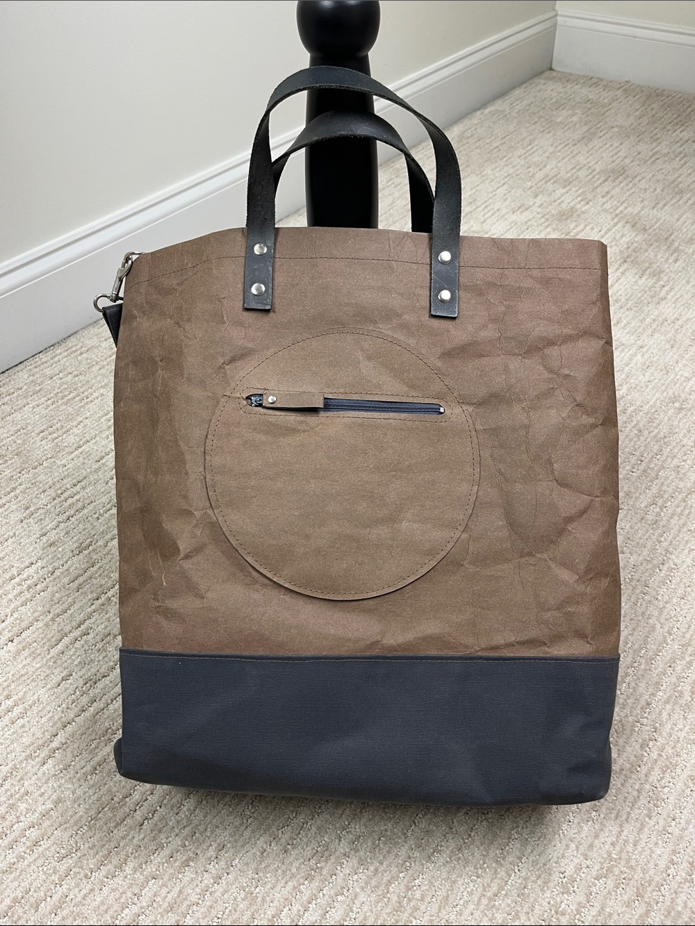 Washable Kraft Paper Tote Bag Brown Black Laptop Work Shoulder Carryall